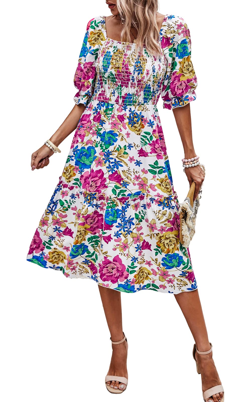 PRETTYGARDEN Women's Summer Casual Dresses 2026 Spring Puff Sleeve Square Neck A