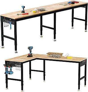Betterhood 96" 2-in-1 Convertible Adjustable Workbench, L-Shaped & Extended 5000 LBS Heavy Duty Work Table with Power Outlets & Pegboard, Rubber Wood Workstation for Garage, Workshop