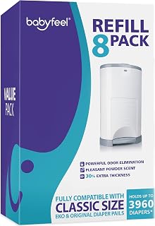 Babyfeel Refill Bags Compatible with DEKOR CLASSIC Diaper Pails, 8 Pack | Exclusive 30% Extra Thickness | Powerful Odor Elimination | Fresh Powder Scent | Holds up to 3960 Diapers | Extra Strong