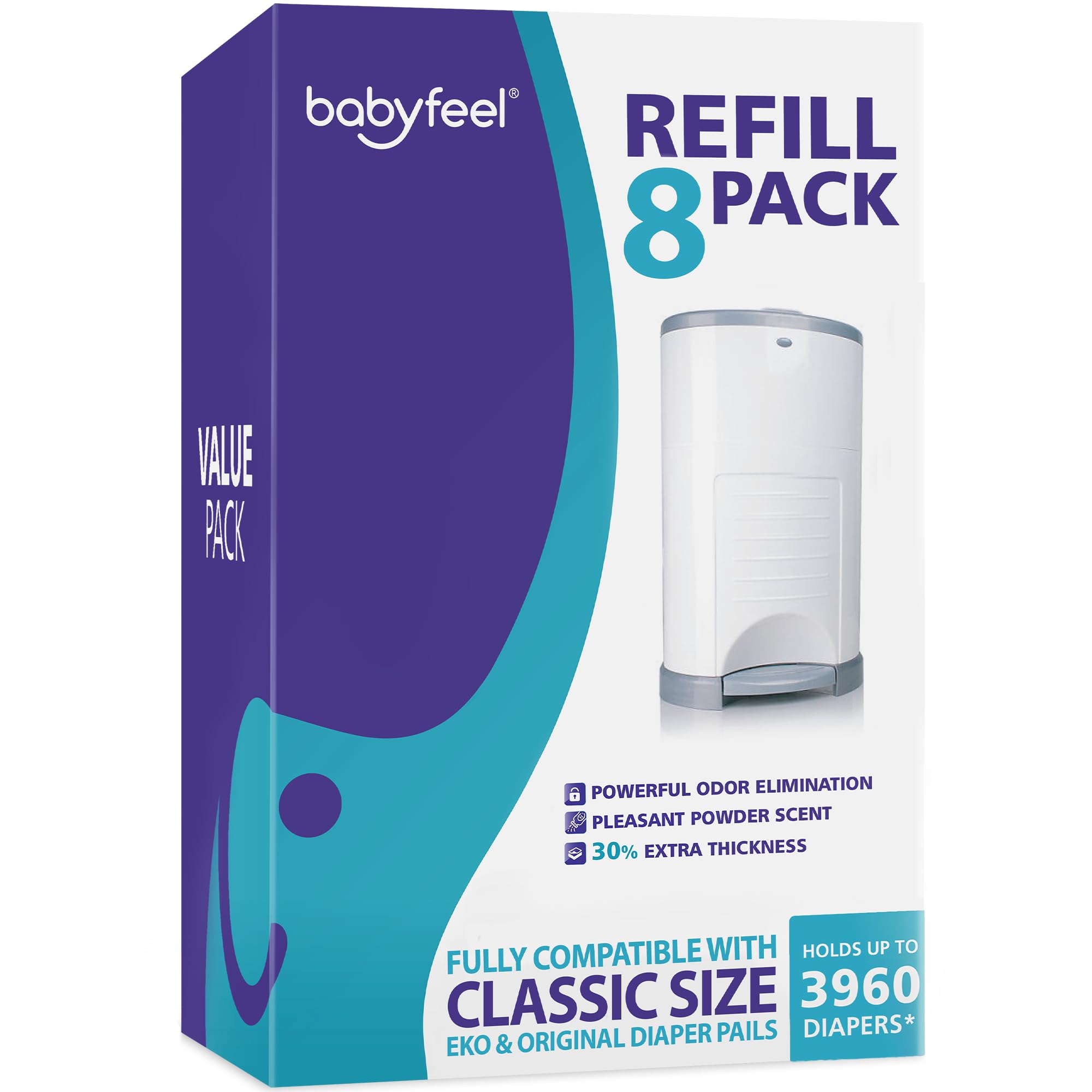 Babyfeel Refill Bags Compatible with DEKOR CLASSIC Diaper Pails, 8 Pack | Exclus