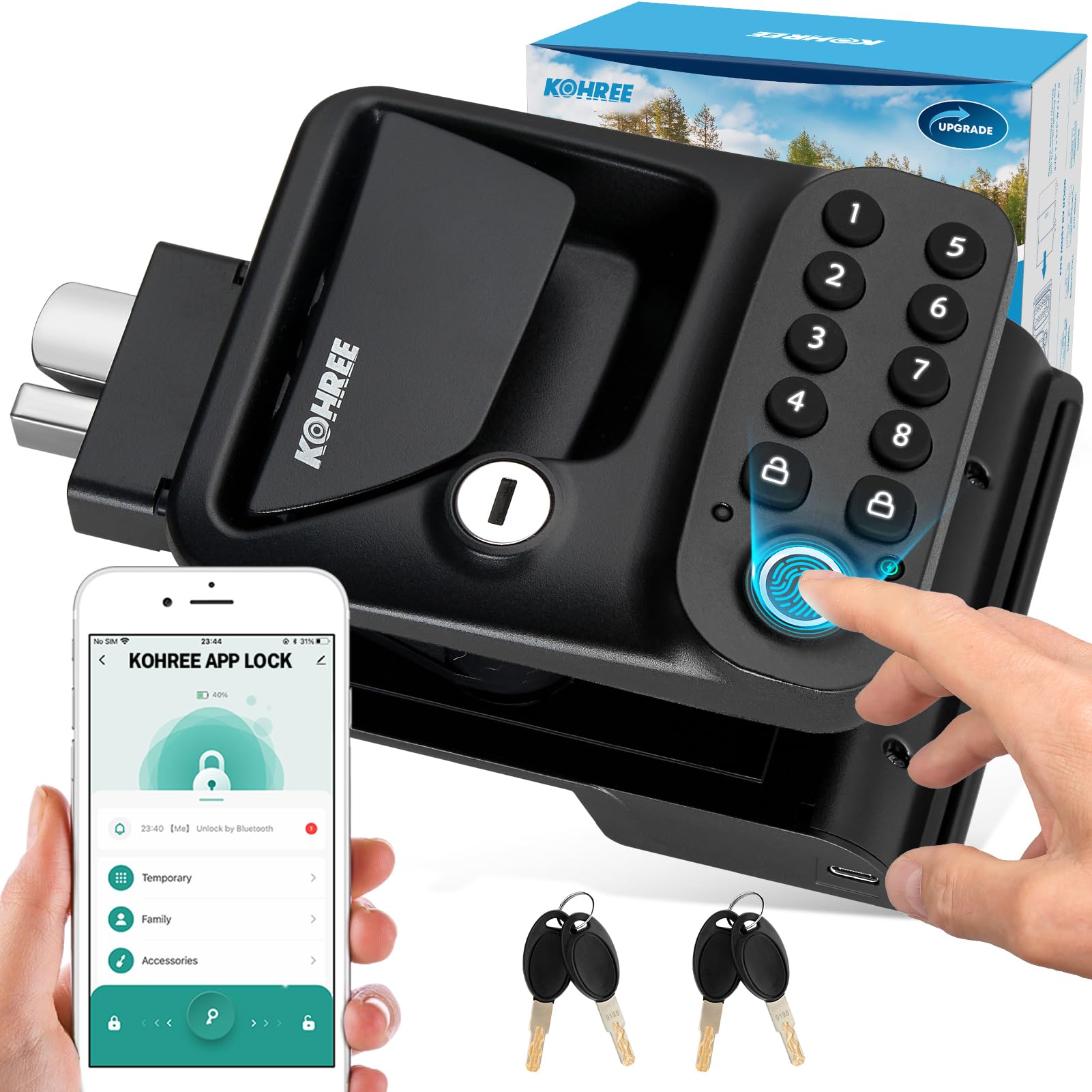 Kohree RV Door Lock Keyless Entry | 4-in-1 Unlock with APP, Fingerprint, Passwor