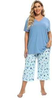 Vozanet Women's Pajamas Set Soft V Neck Sleepwear Top and Capri Pj Lounge Sets Cartoon Heart Shape Cat Nighty Plus Size