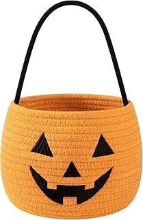 OIAHOMY Halloween Pumpkin Basket, Trick or Treat Pumpkin Candy Bucket, Cotton Rope Woven Basket for Girls/Boys, Orange