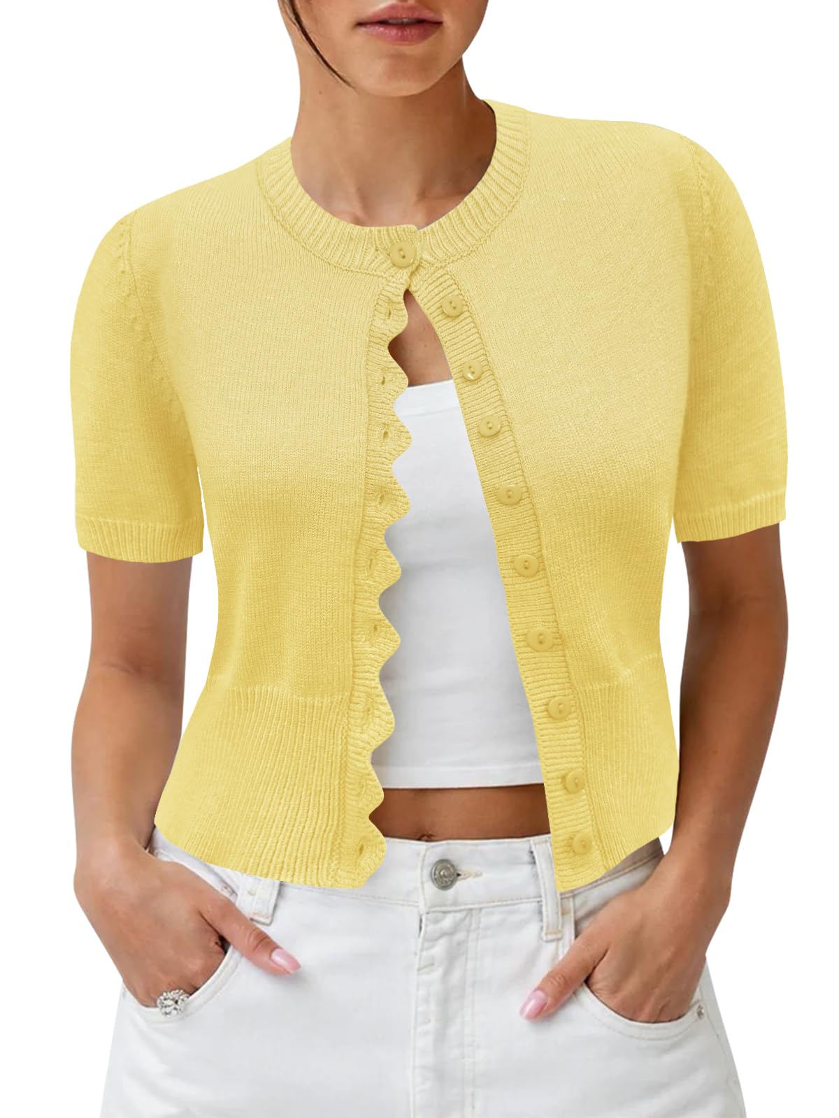 Women Cropped Short Sleeve Cardigan Button Down Lightweight Sweater Top