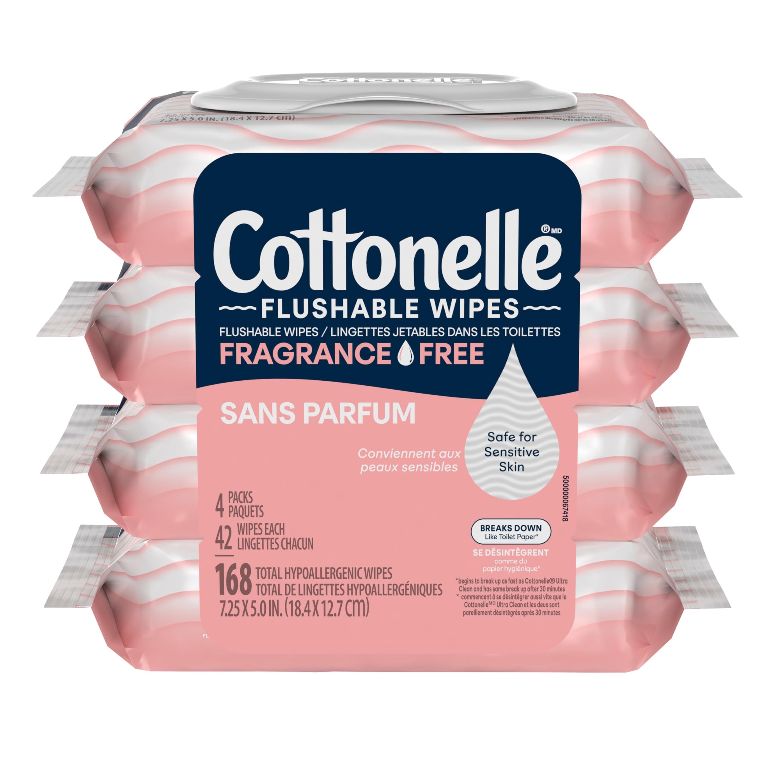 Cottonelle Fragrance Free Flushable Wet Wipes, Adult Wet Wipes, 4 Flip-Top Packs