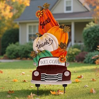 Lanpn Fall Garden Stakes Decorative, 3 Stacked Pumpkin Truck Waterproof Metal Yard Signs 2ft for Home Lawn Patio Porch Autumn Thanksgiving Harvest Season Outdoor Decor (Style 01, 11.4 x 29.9 inch)