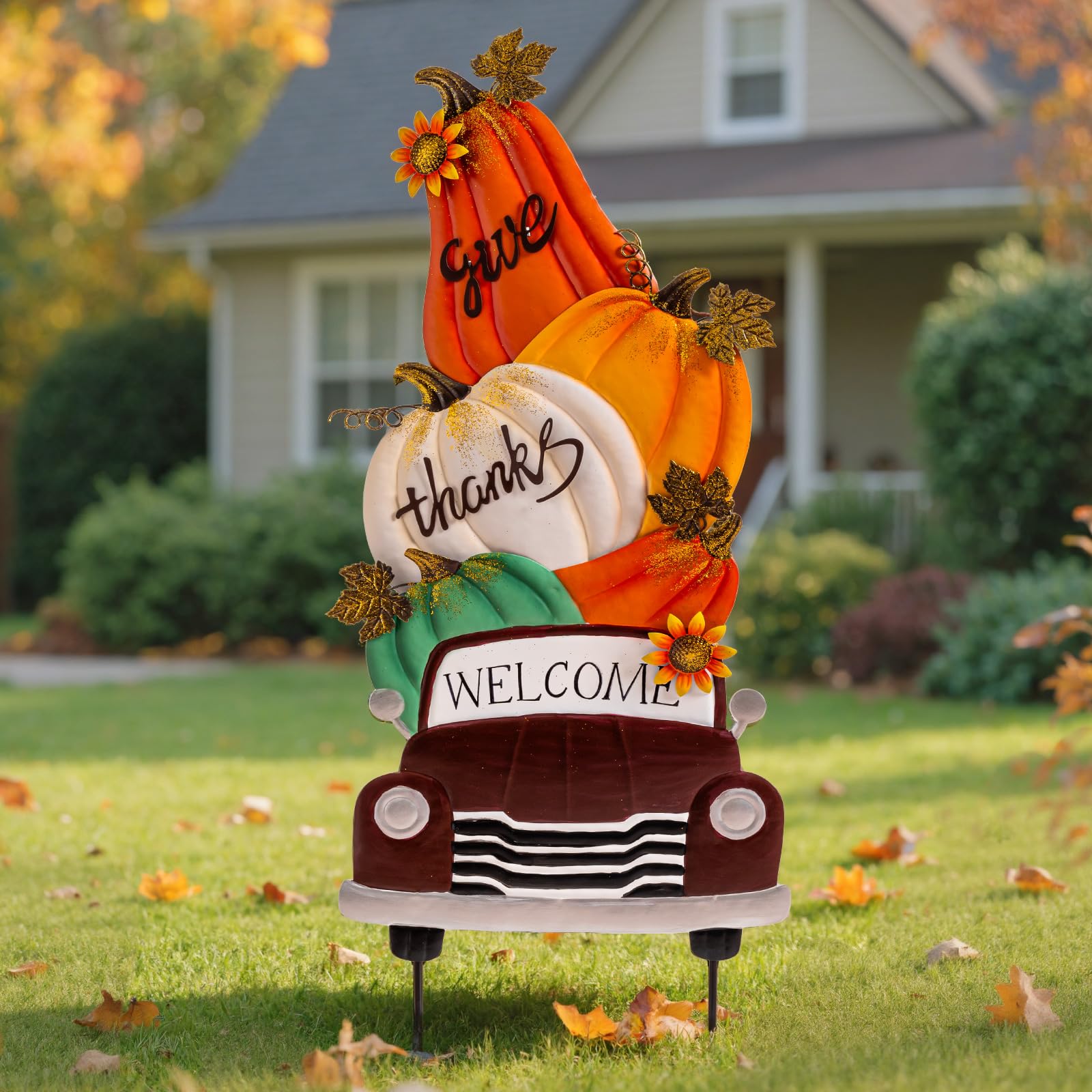 Lanpn Fall Garden Stakes Decorative, 3 Stacked Pumpkin Truck Waterproof Metal Ya