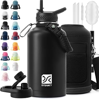DYSANKY Insulated Water Bottle with Straw Lid & Portable Carrier Bag, 64oz | Thickened Stainless Steel Large Metal Sports Water Jug, Includes Spout Lid, BPA-Free, Half Gallon, Perfect for Gym & Hiking