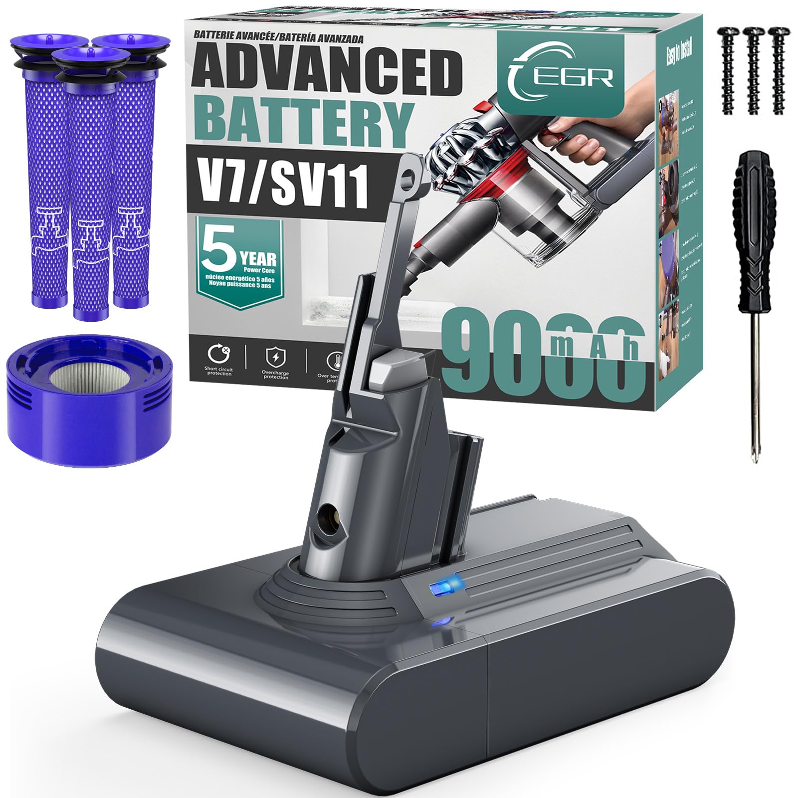 EGR 9000mAh Advanced Battery Replacement Compatible with Dyson V7 Series | 21.6V
