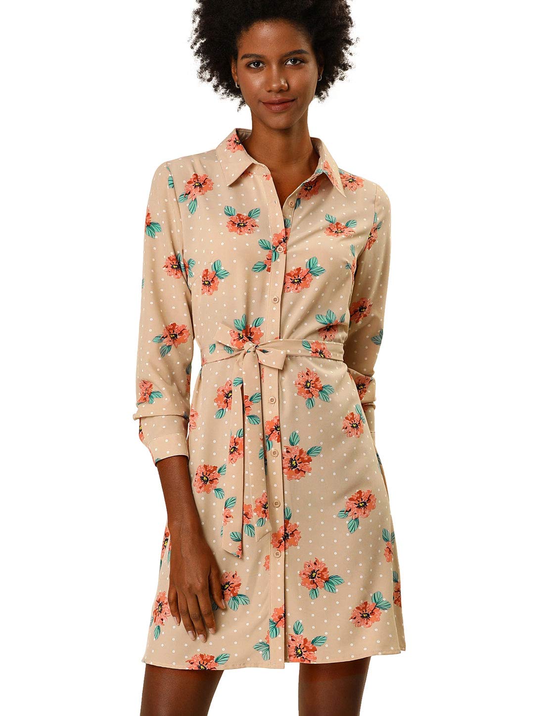 Allegra K Women's A Line Tie Belt Polka Dots Flowers Mini Dress