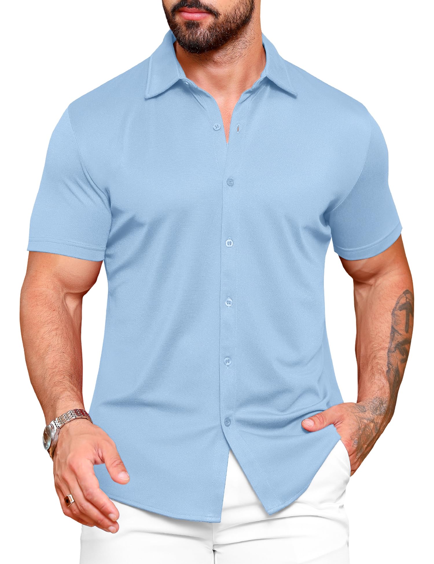 URRU Men's Dress Shirts Slim Fit Stretch Wrinkle Free Short Sleeve Casual Button