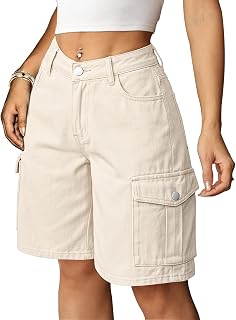 Eddoyee Baggy Bermuda Cargo Jorts for Women Y2K Long Knee Length Stretchy Denim Jean Shorts Casual Outfits with 6 Pockets