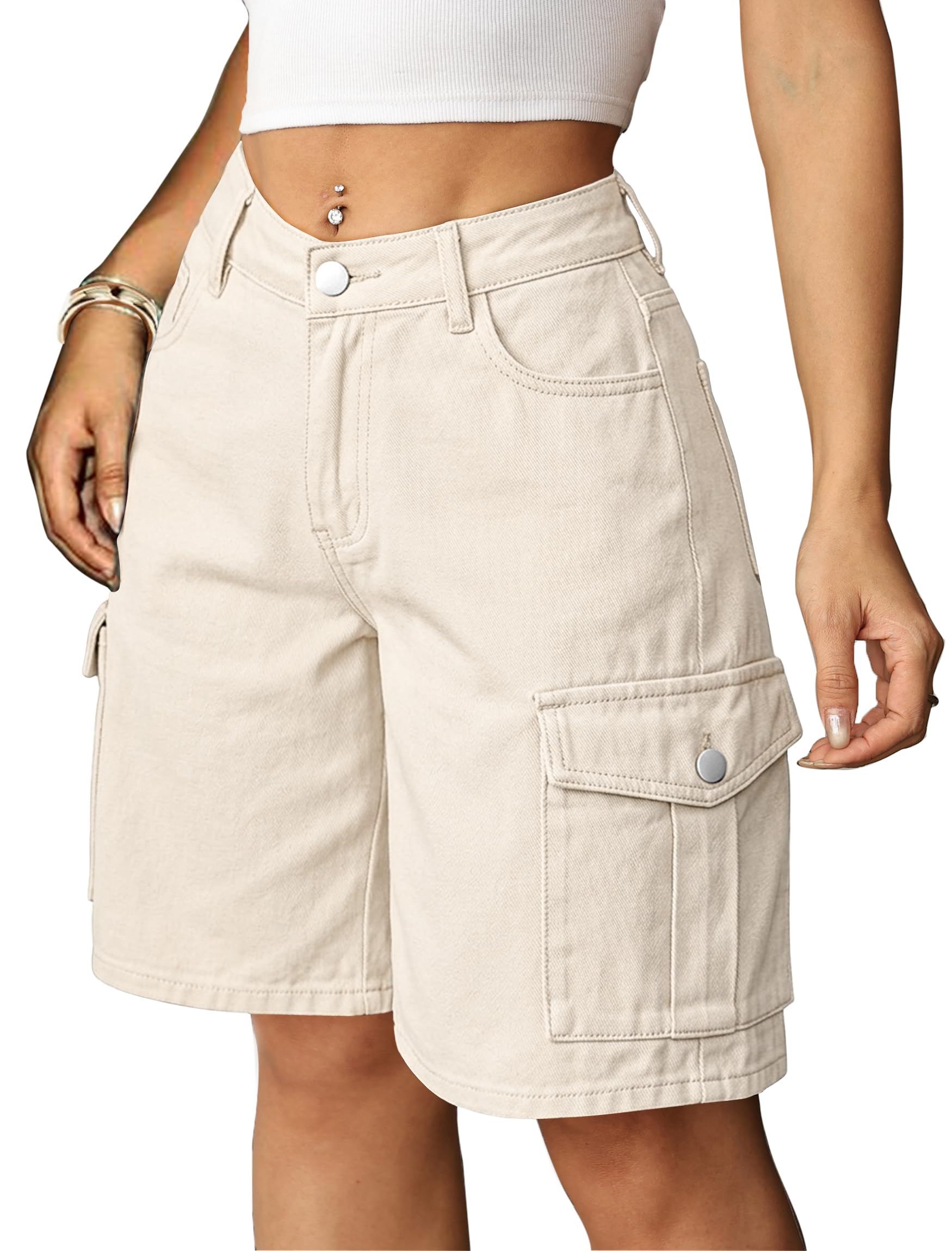 Eddoyee Baggy Bermuda Cargo Jorts for Women Y2K Long Knee Length Stretchy Denim 