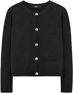 LILLUSORY Women's Crew Neck Gold Buttons Cardigan Sweaters Lady Jacket with Patch Pockets