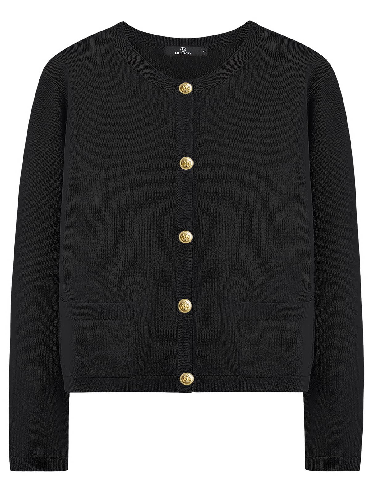 LILLUSORY Women's Crew Neck Gold Buttons Cardigan Sweaters Lady Jacket with Patc