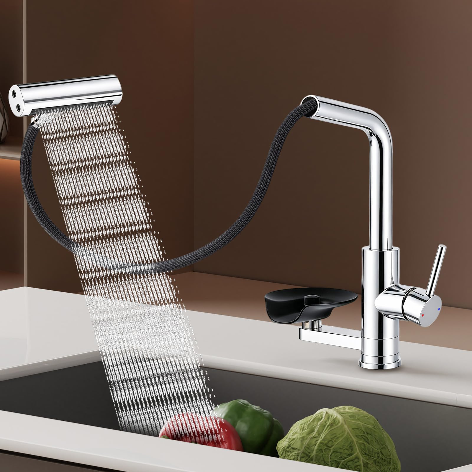 SINGSUO Waterfall Kitchen Mixer Tap 1 Hole with Pull Out Spray&Glass Rinser