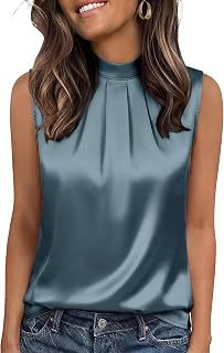 Funlingo Women's Silk Satin Tank Tops Mock Neck Camisole Dressy Sleeveless Blouse Business Casual Pleated Summer Shirts 2026