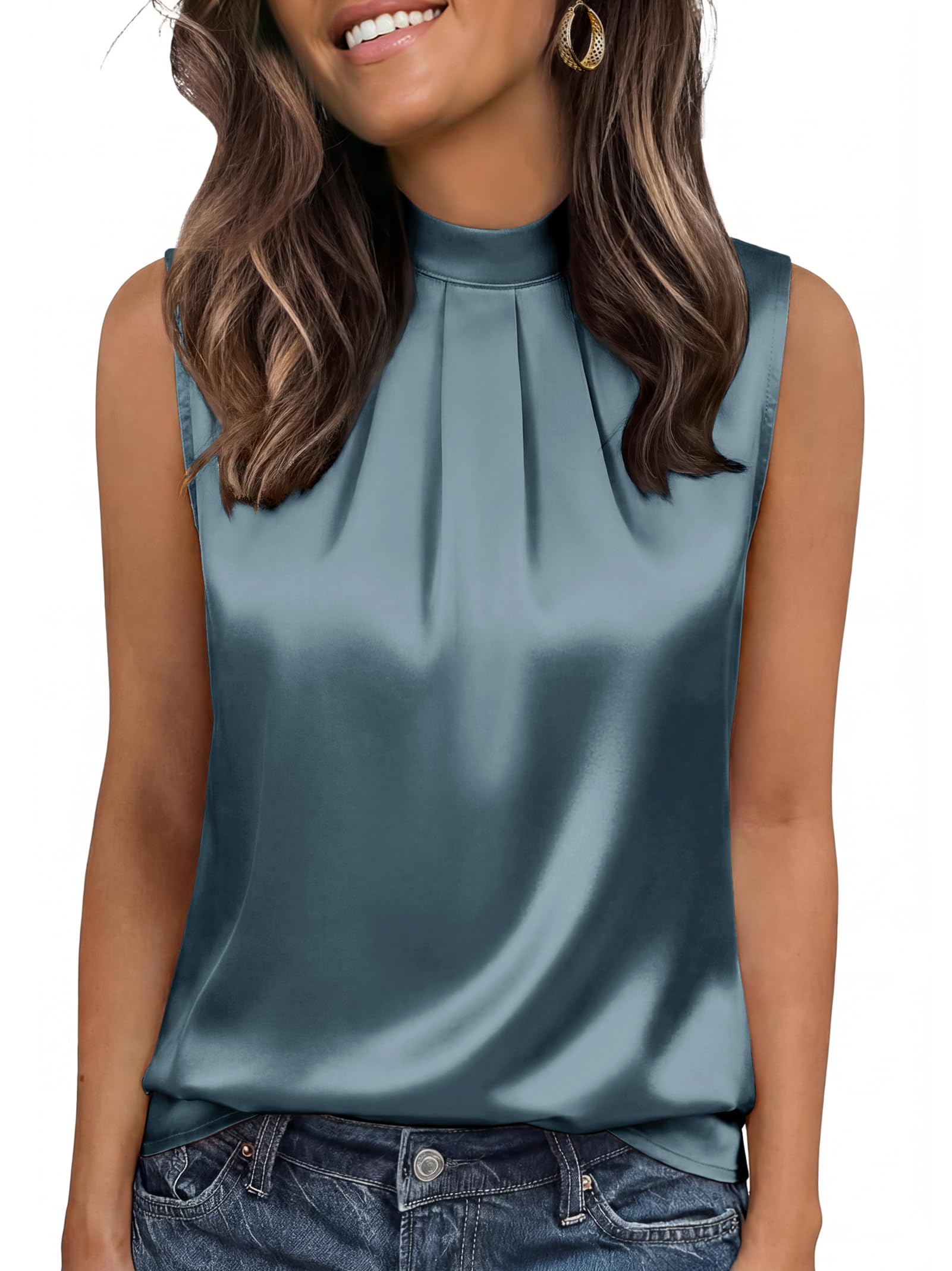 Funlingo Women's Silk Satin Tank Tops Mock Neck Camisole Dressy Sleeveless Blous