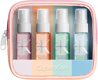 Calvin Klein Unisex Body Mist Collection for Hair and Body 4x30ml Travel Set in Nude Vanilla, Sheer Peach, Cotton Musk and Silky Coconut