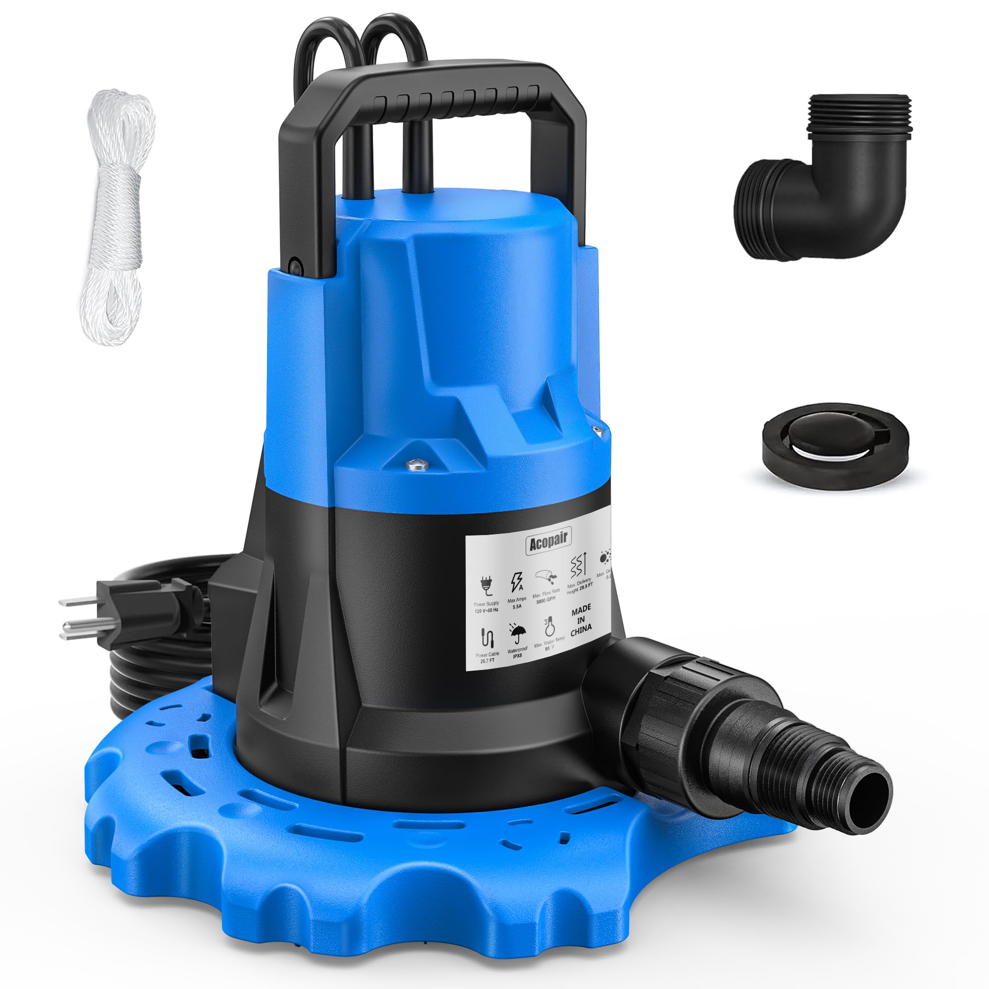Acopair 1 HP Automatic Cover Pump, 5000 GPH Submersible Pumps with 3/4” Check Va