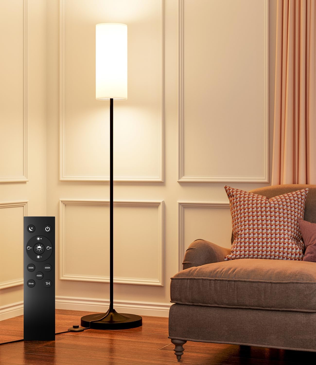 USTO Dimmable Floor Lamp with Remote,12W Led Bulb and Foot Switch, Black | Stand