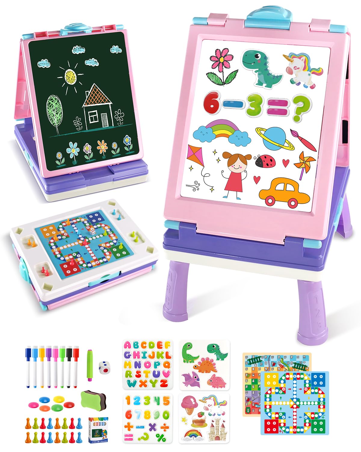 Elovien Easel for Kids, 4 in 1 Double Sided Toddler Art Easel with Chalkboard & 