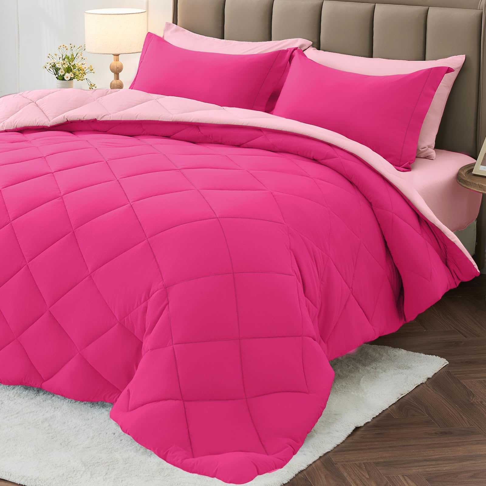 MUXHOMO California King Comforter Set 7 Pieces, Hot Pink/Baby Pink
