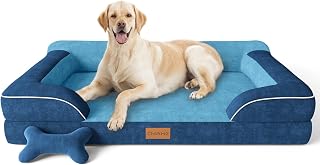CWAWZ Jumbo Dog Beds for Extra Large Dogs, Orthopedic Dog Bed with Cooling Gel Memory Foam, Waterproof Pet Bed with Removable Washable Cover, 45" Pet Sofa Couch Dutch Velvet with Bone Toy, Navy Blue