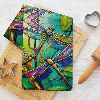 Stained Glass Dragonfly Kitchen Towels, Art Nouveau Style Decorative Absorbent Microfiber Dish Cloth Tea Towel, Waffle Soft Hand Towels for Farmhouse Home Bathroom Decor