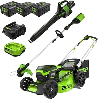Greenworks 60V 21" (Push) Lawn Mower + 13" String Trimmer + Leaf Blower, (2) 4.0Ah + 5.0Ah Batteries, (2) Rapid Chargers