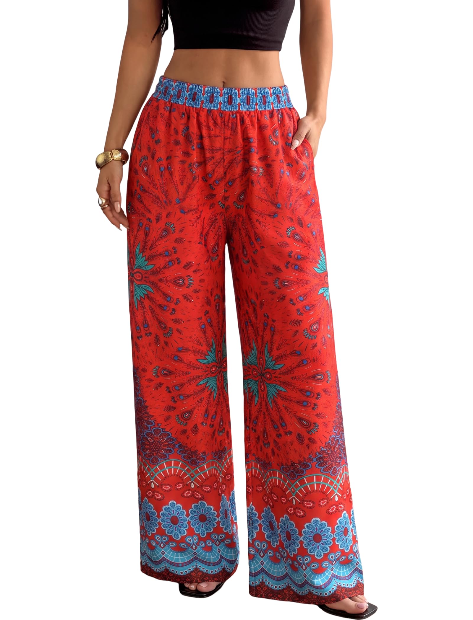 ZAFUL Women's Floral Flowy Palazzo Pants Print Wide Leg Pants Boho Trousers