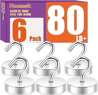 Neosmuk Magnetic Hooks Steel Tube Design for Cruise,80lb+ Silver,6 Pack | Cruise Ship Essentials,Heavy Duty Magnett Hooks for Cabins, Refrigerator, Grill, Hanging, and Travel Extra Strong Must-Haves