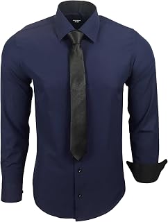 Subliminal Mode - Men's Long-Sleeved Shirt with Two-Tone Collar Plain + Black Tie Shirt Slim Fit Business Easy Iron RN77