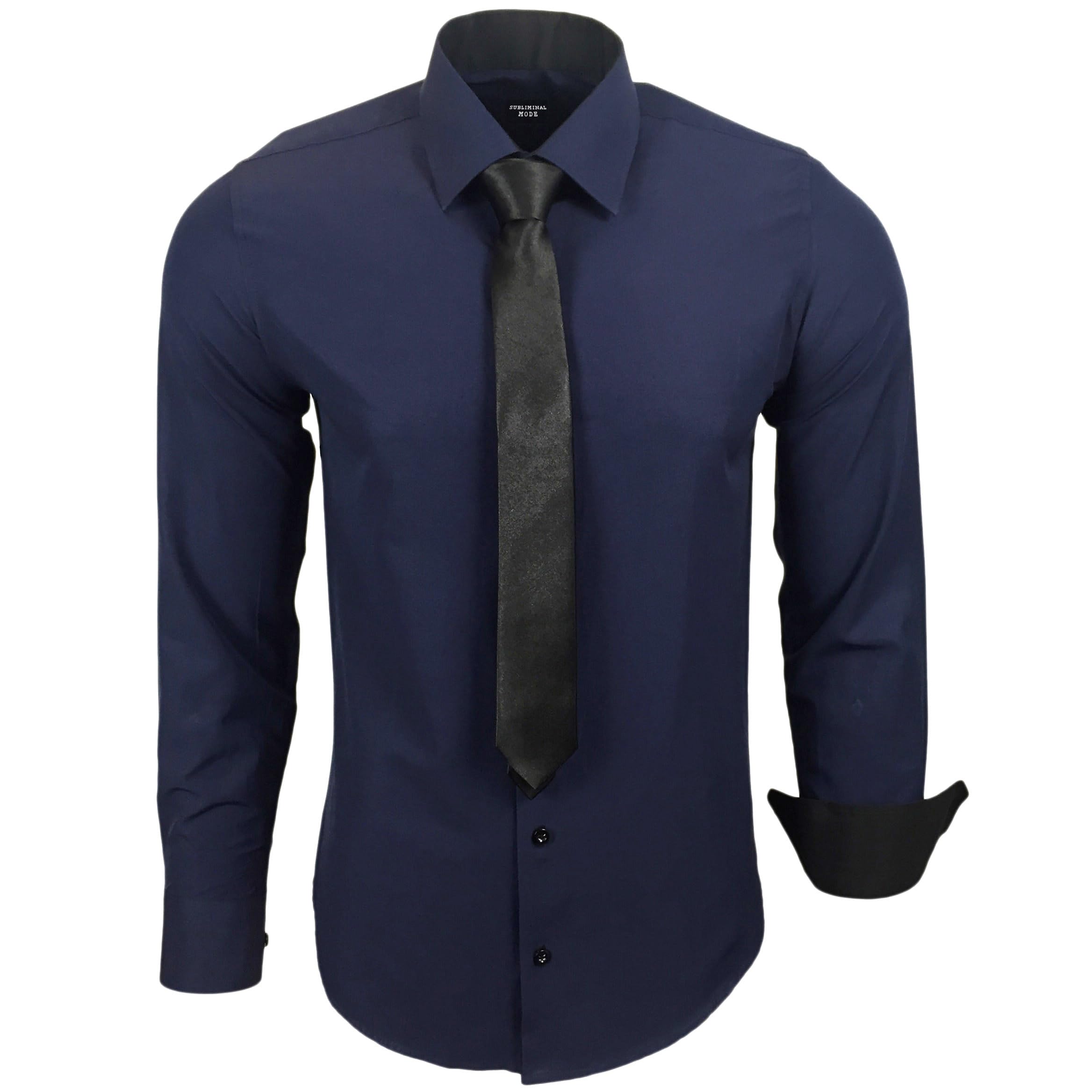 Subliminal Mode - Men's Long-Sleeved Shirt with Two-Tone Collar Plain + Black Ti