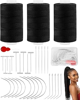 FIVEIZERO 450yd Black Sew in Hair Extension Thread and 30pcs T/C/J/I Needle | 3 Rolls Hair Thread;4-ply polyester weaving thread;Hair Weave Threads for Hair Extensions,Hand Sewing & Making Wigs DIY