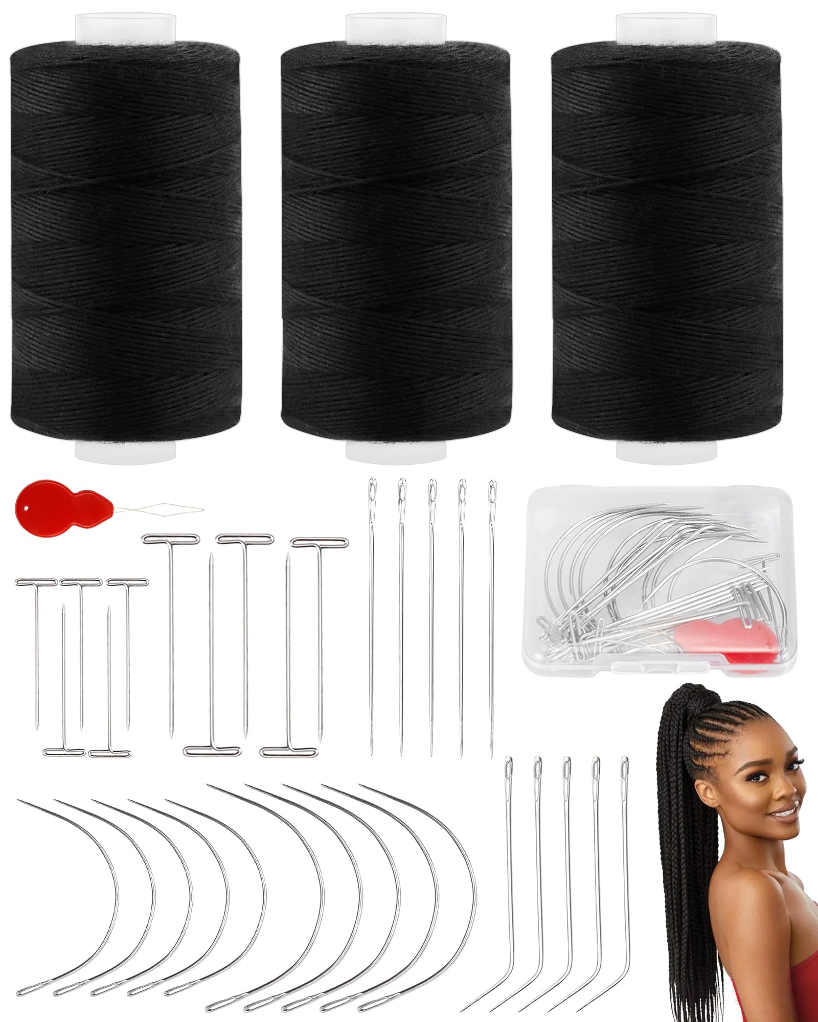 FIVEIZERO 450yd Black Sew in Hair Extension Thread and 30pcs T/C/J/I Needle | 3 