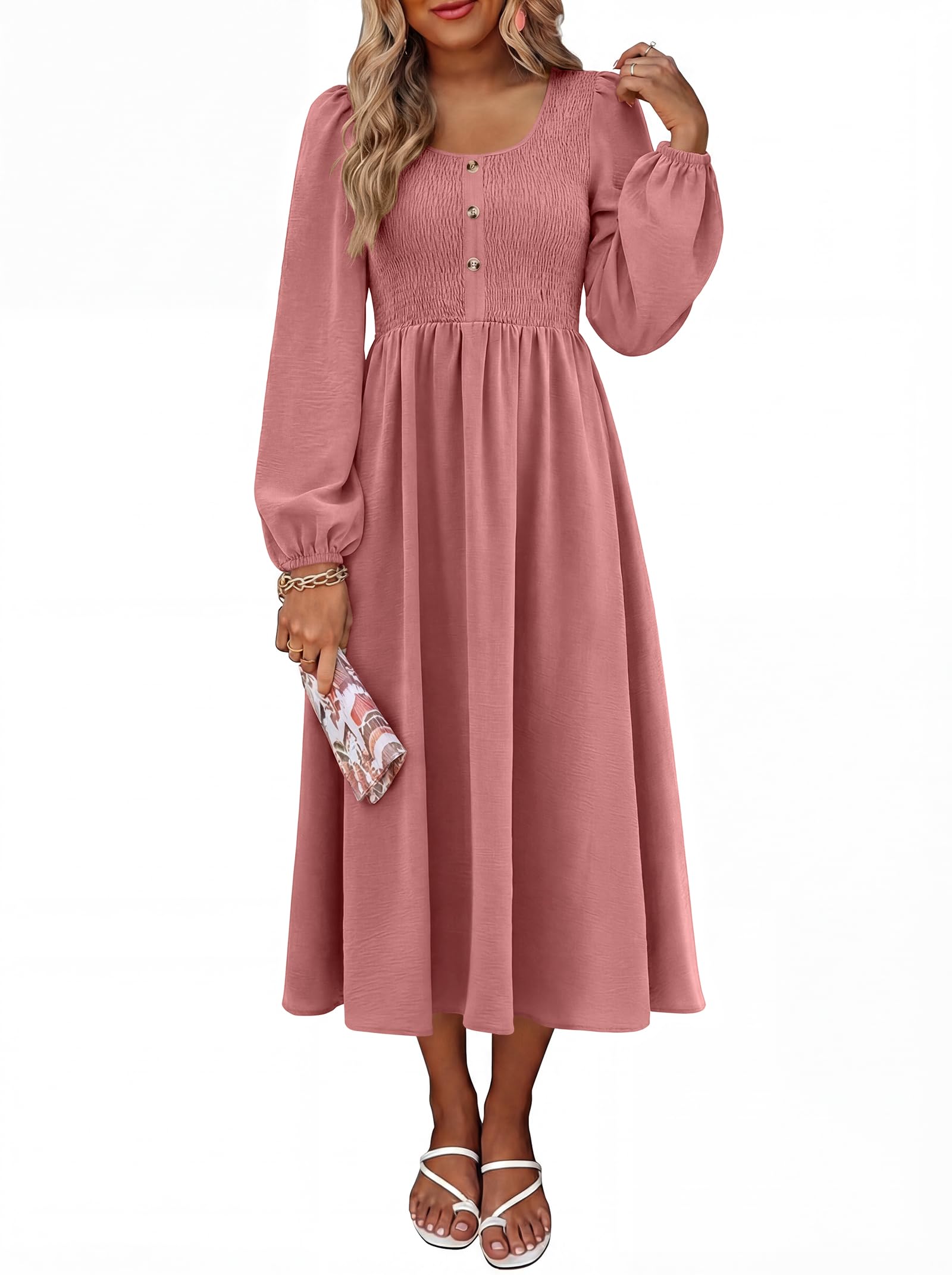 ANRABESS Women Long Sleeve Scoop Neck Fall Midi Dress