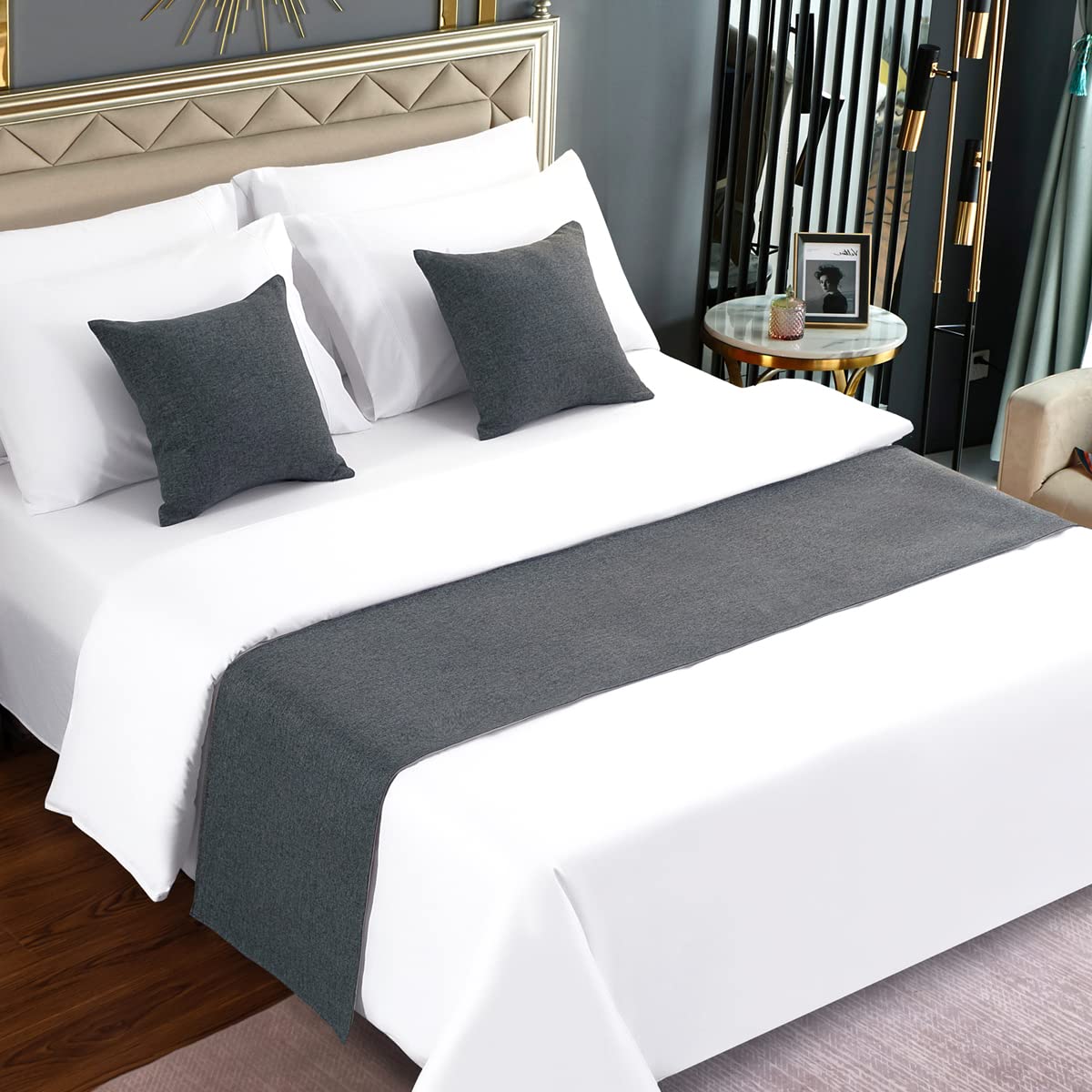 AMBERIS Bed Runner Dark Grey, Imitation Linen Decorative Bed Scarf for Home Hote