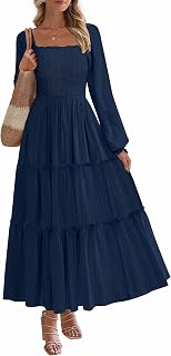 PRETTYGARDEN Maxi Dresses for Women 2026 Fall Boho Long Sleeve Smocked A Line Ruffle Holiday Party Long Dress with Pockets