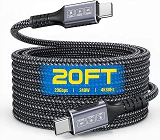 20 FT USB C Cable 240W Fast Charging, 20Gbps Data Transfer & 4K@60Hz Video, PD 3.1 Braided Super Long USBC Cable, USB-C to USB-C 3.2 Gen 2x2 Cord for iPhone 18 17 16 15, Mac, iPad, Galaxy, VR, Monitor