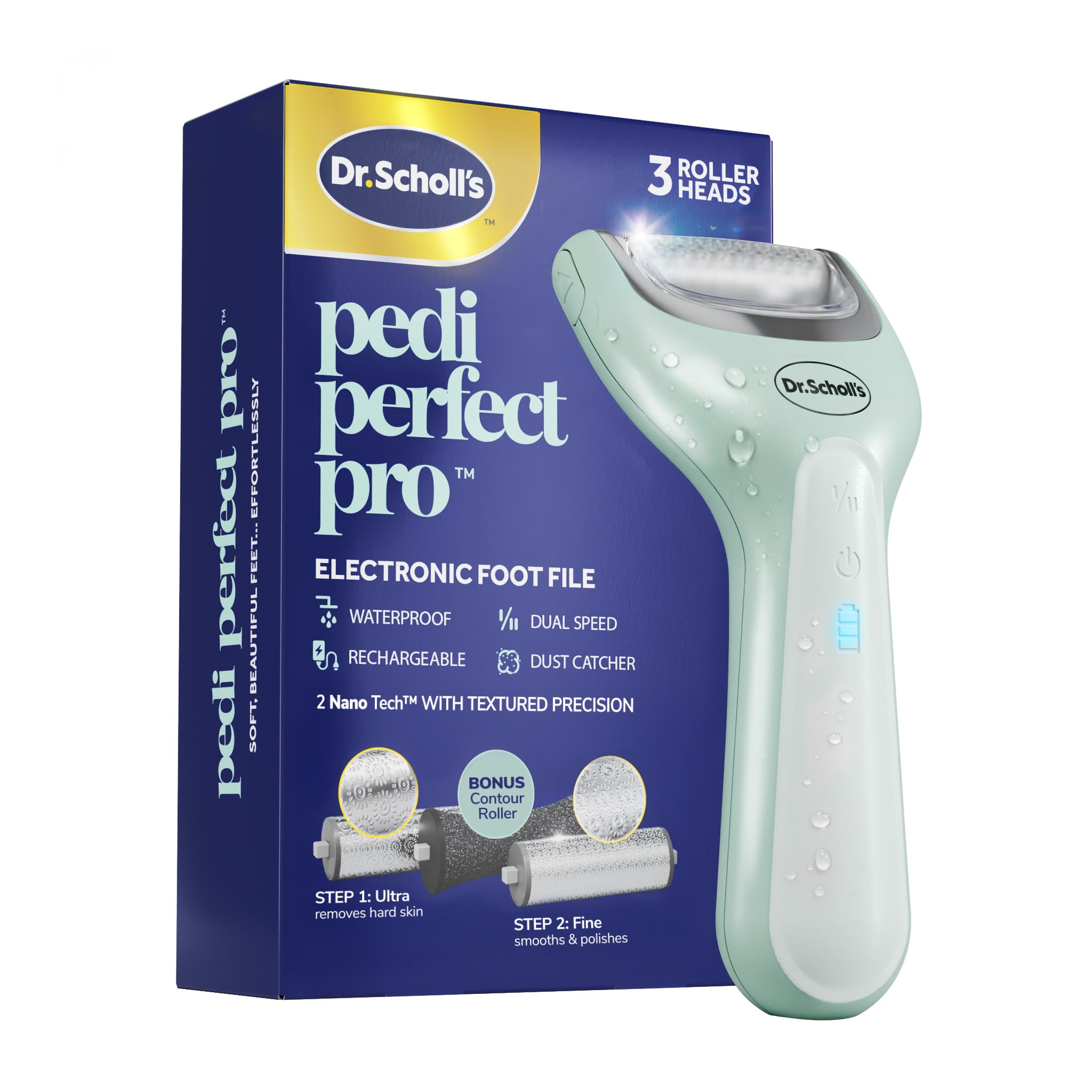 Dr. Scholl's Pedi Perfect Pro Electric Foot Callus Remover with x3 Roller Heads,