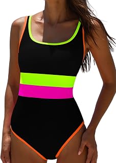 popvil Women One Piece Swimsuit Tummy Control Sexy Neon Swimwear