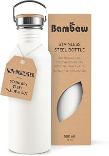 Bambaw Stainless Steel Water Bottle 500ml, White Non-Insulated Water Bottle, Metal Water Bottle, Wide Mouth – Polar White