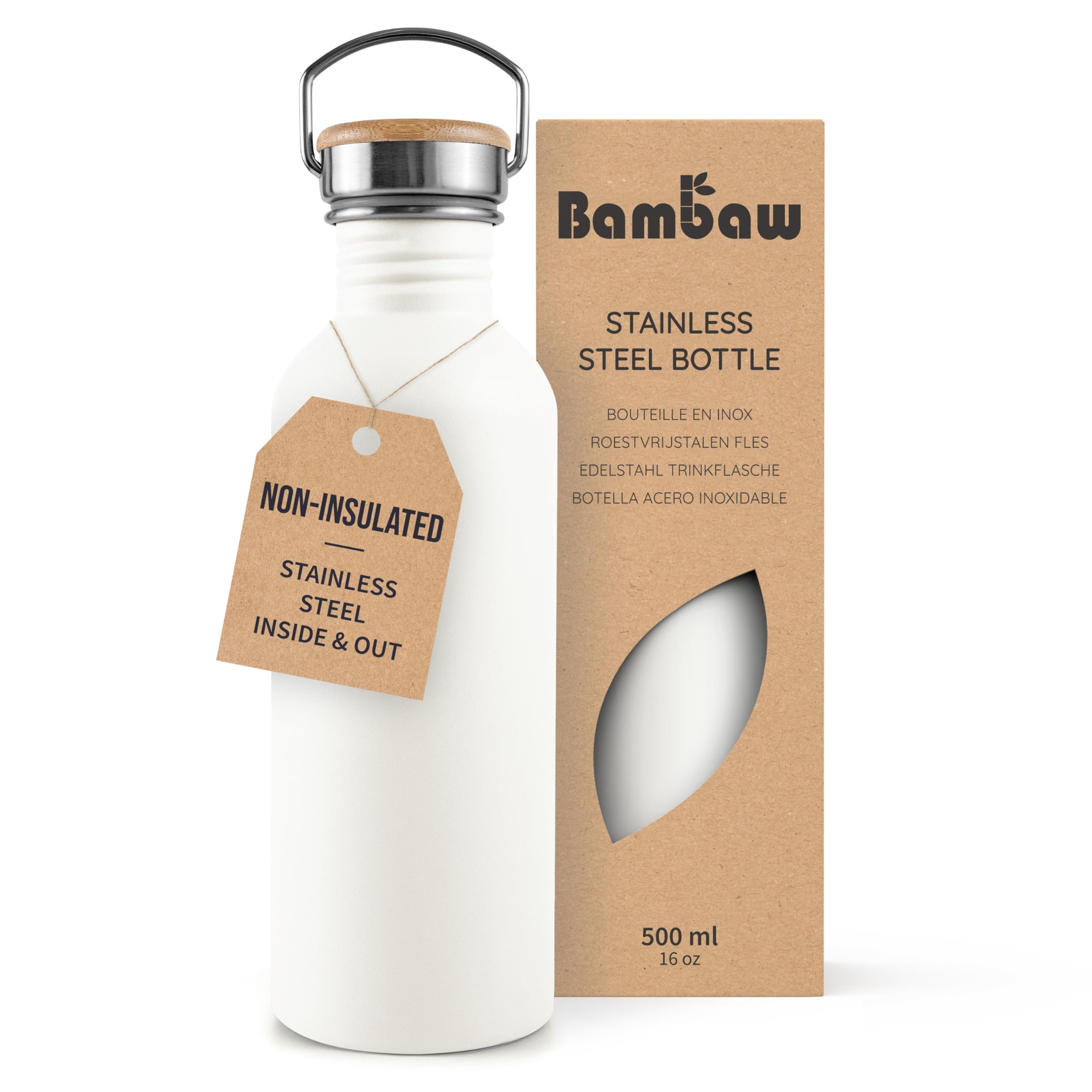 Bambaw Stainless Steel Water Bottle 500ml, White Non-Insulated Water Bottle, Met