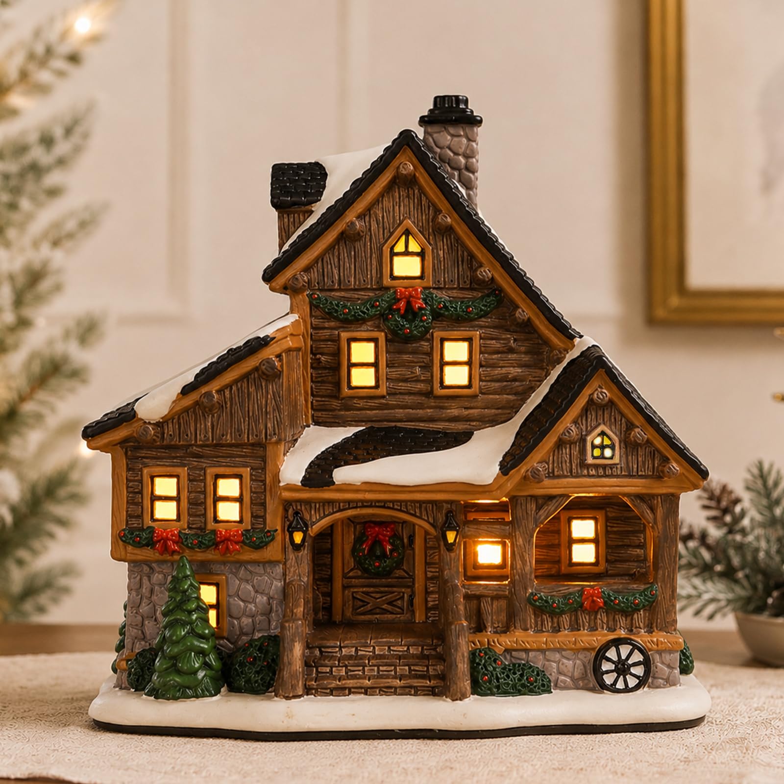 Ceramic Christmas Village Houses,Light Up Cabin Christmas House for Indoor | Chr