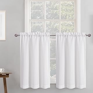 Chyhomenyc 2 Panels White Kitchen Curtains 36 Inch Length Tier Curtain | Faux Linen Textured, Small Cafe Curtain, Light Filtering, Short Window Curtains for Bathroom Basement, 30x36 inch, 2PCS