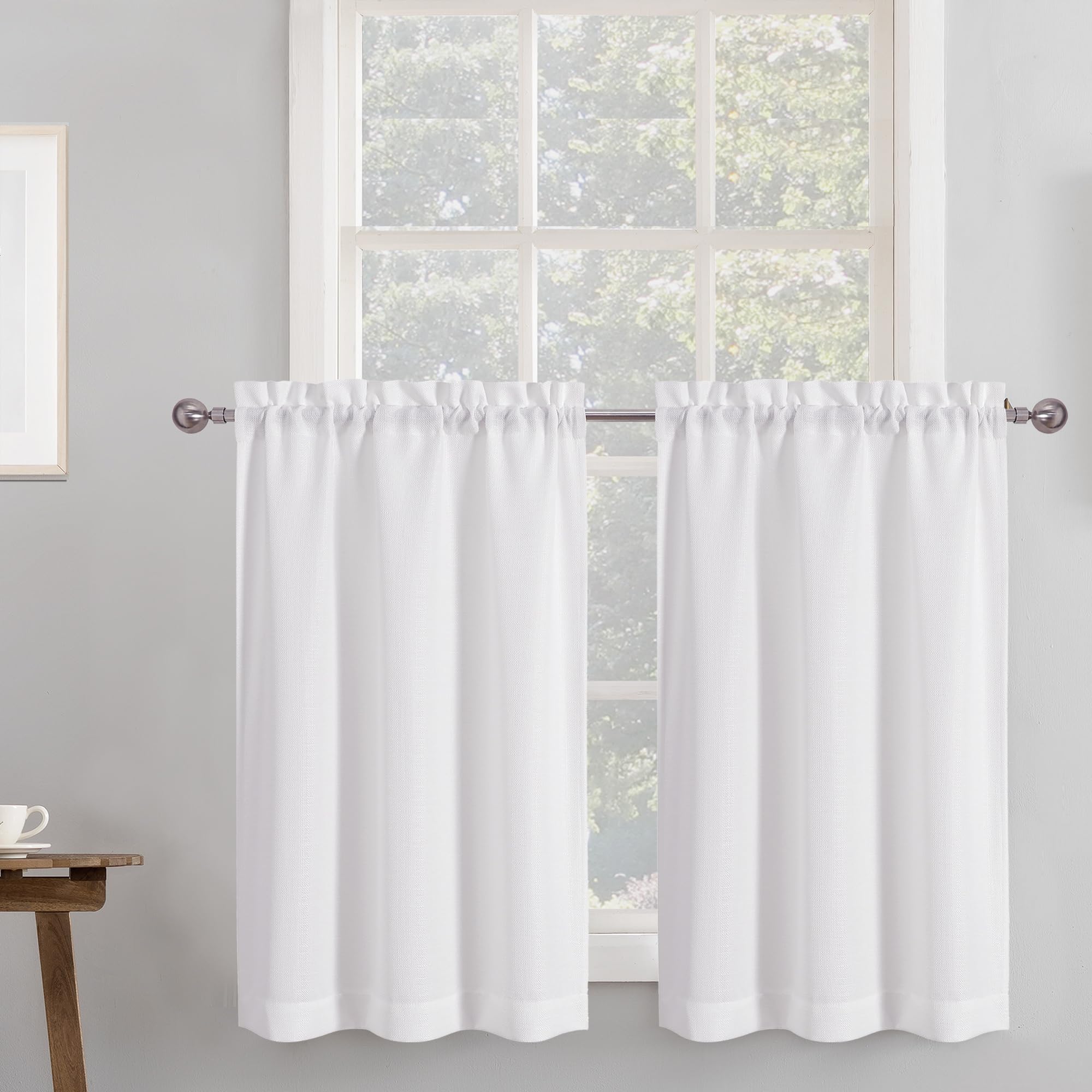 Chyhomenyc 2 Panels White Kitchen Curtains 36 Inch Length Tier Curtain | Faux Li