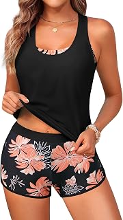 Yonique Women's 3 Piece Athletic Tankini Swimsuit with Shorts Swim Tank Tops with Sports Bra and Boyshorts Swimsuits