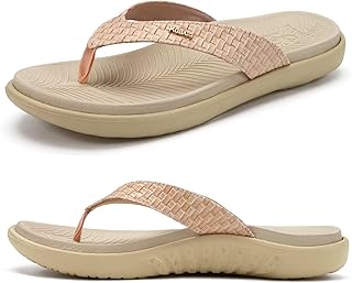 KuaiLu Women's Summer Fashion Leather Flip Flops with Support Orthopedic Beach Flip Flops and Pool Slips