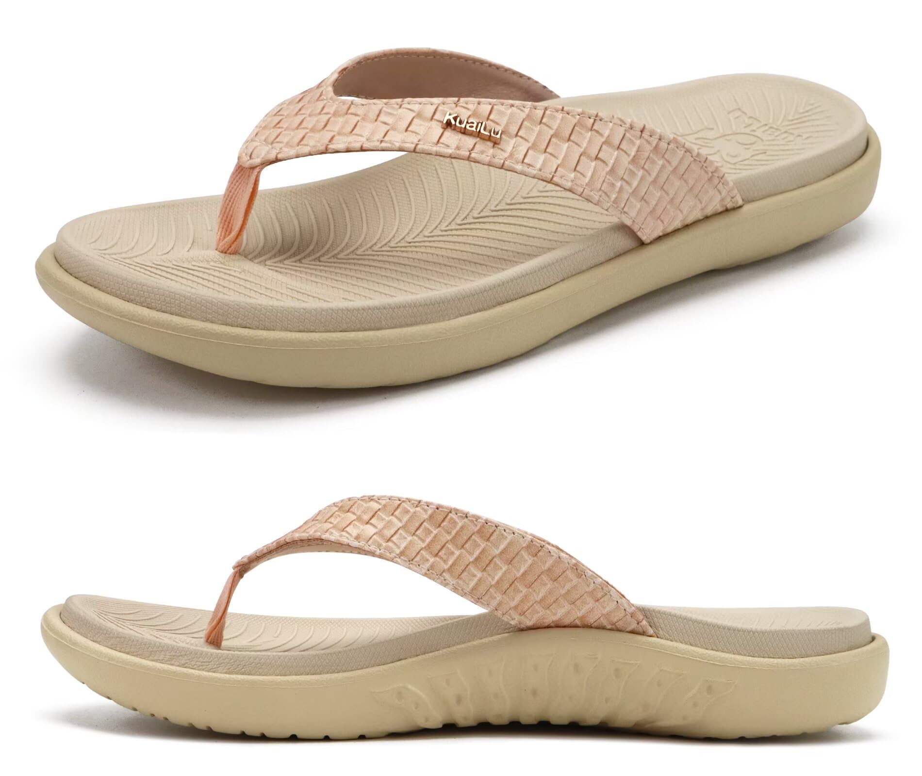 KuaiLu Women's Summer Fashion Leather Flip Flops with Support Orthopedic Beach F